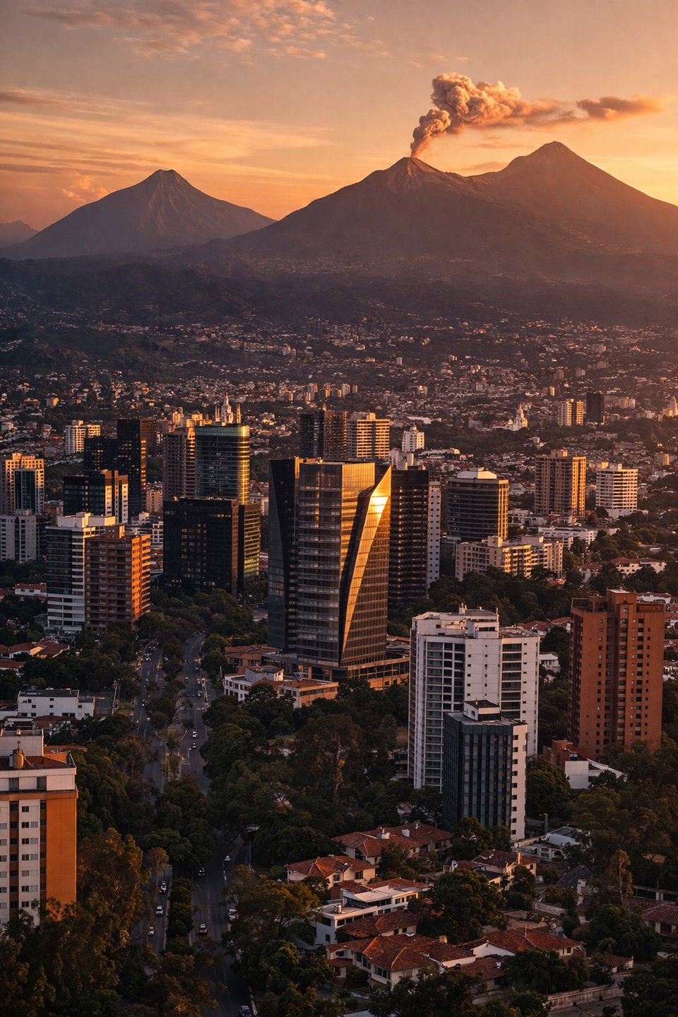 Guatemala City at golden hour — modern Zona 10/14 skyline beneath Volcán de Fuego with active smoke plume